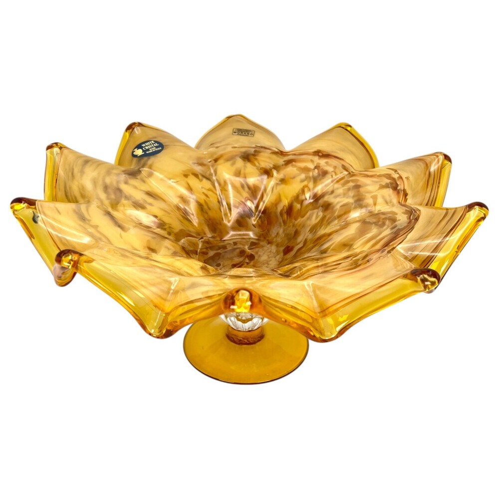 White Cristal Murano Art Glass Bowl Dish 15" Amber Fruit Dish Decor MCM NWT
